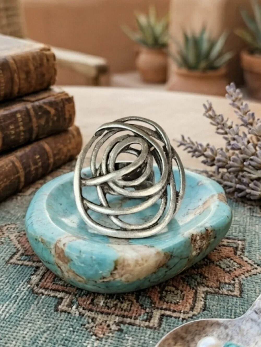 Turkish Zamak Rose Ring Large Statement Adjustable Boho Western Antiqued Silver